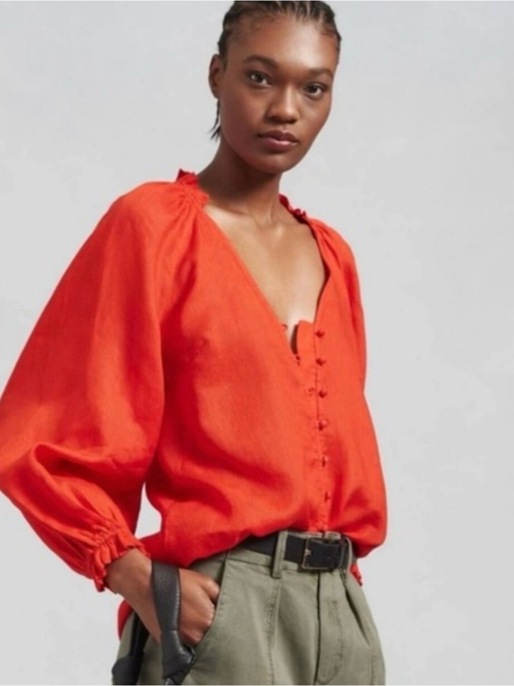 Anthropologie Maeve Button Up Audie Linen Puff-Sleeve Red Orange Blouse Size L
